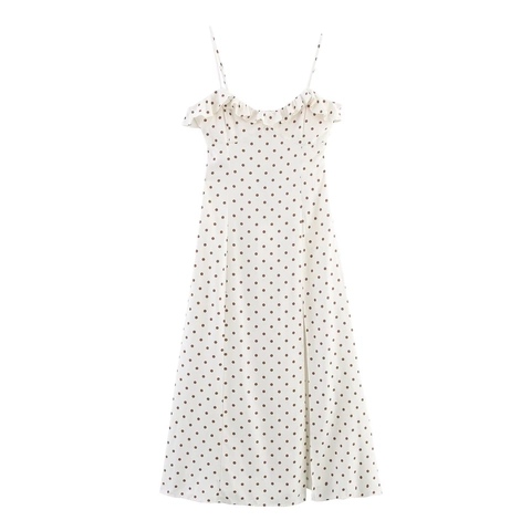 Damen Französisches Retro Gepunktetes Midi Kleid Mit Rüschen Hohem Schlitz Leinen Sommer Elegant Ärmelloses A-Linien Langes Kleid