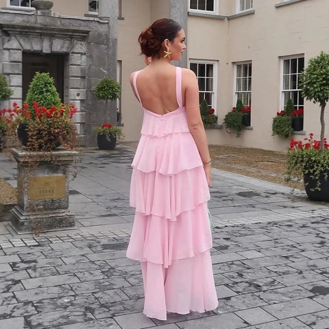 Damen Halfter Ausschnitt Gestufte Chiffon Maxi Kleid Blumen Dekor Sexy Rückenfrei Lagenrock Sommer Urlaub Langes Sommerkleid