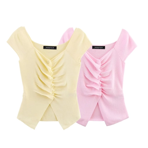 Women Sweet Ruffle V Neck Knit Top Slim Fit Ribbed Short Sleeve Button Front Solid Color Casual Spring Top Pink Yellow