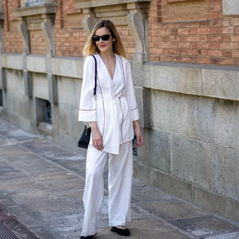 Women Cotton Casual Set Contrast Piping Wrap V-Neck Tie Front Long Sleeve Top And High Waist Wide Leg Long Pants