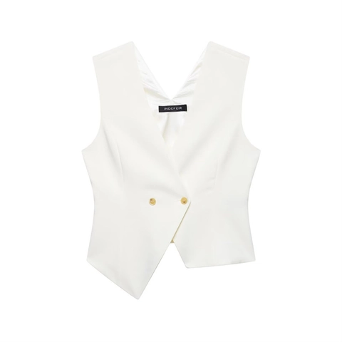 Dames Casual Wit Vest Met Asymmetrische Zoom V-hals Mouwloos Double Breasted Gilet Streetwear Lente Mode Tops