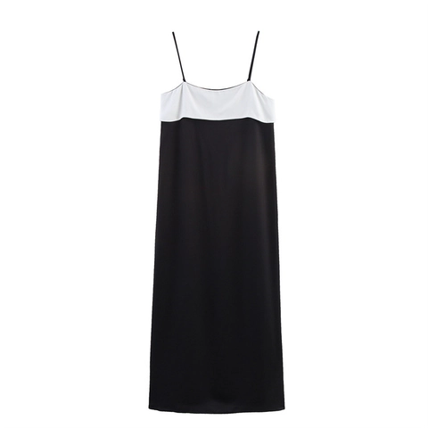 Damen Elegantes Schwarz Weiß Farbblock Spaghettiträger Satin Textur Kleid Ärmellos Hohe Taille Midi Langes Kleid