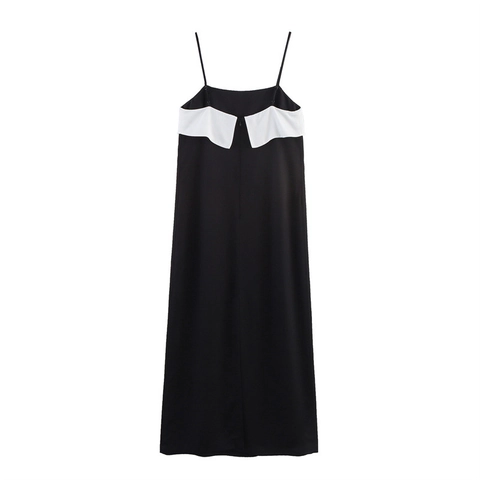 Damen Elegantes Schwarz Weiß Farbblock Spaghettiträger Satin Textur Kleid Ärmellos Hohe Taille Midi Langes Kleid