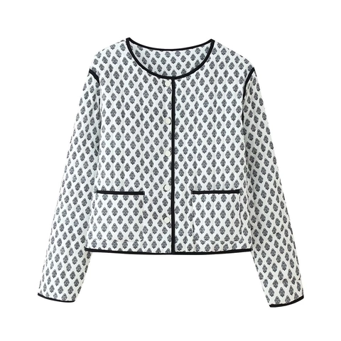 Giacca Trapuntata Vintage da Donna Girocollo Bordo a Contrasto Stampa Floreale Foglia Manica Lunga Capispalla Con Tasche
