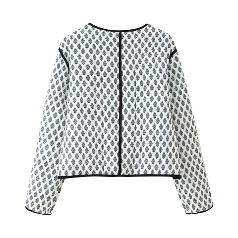 Giacca Trapuntata Vintage da Donna Girocollo Bordo a Contrasto Stampa Floreale Foglia Manica Lunga Capispalla Con Tasche