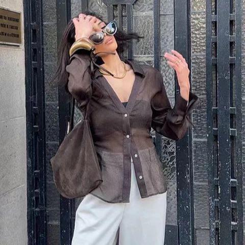 Elegante Blusa de Malla Transparente Plisada con Cuello en V para Mujer Camisa de Manga Larga con Lazo en el Puño Top Vintage de Color Sólido