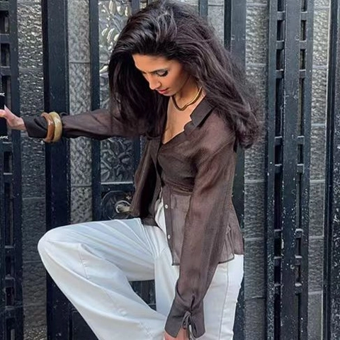 Elegante Blusa de Malla Transparente Plisada con Cuello en V para Mujer Camisa de Manga Larga con Lazo en el Puño Top Vintage de Color Sólido