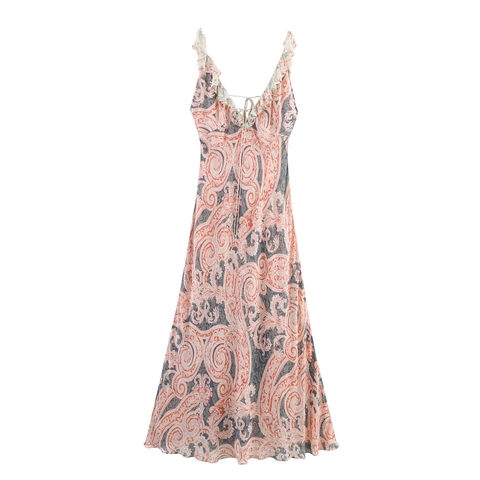 Boho Paisley Print Maxi Kleid Rüschen V-Ausschnitt Spaghettiträger Ärmellos A-Linie Sommerurlaub Casual Langes Kleid Damen