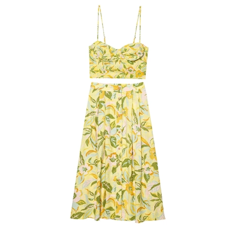 Dames Zomer Bloemenprint Linnenmix Spaghetti Strap Crop Top En Midi-rok Met Knopen Vakantie Strandkleding