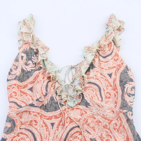 Boho Paisley Print Maxi Kleid Rüschen V-Ausschnitt Spaghettiträger Ärmellos A-Linie Sommerurlaub Casual Langes Kleid Damen