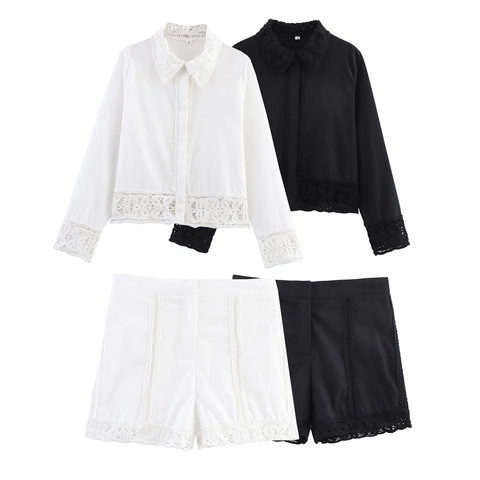 Camicetta Casual da Donna in Pizzo all'Uncinetto e Pantaloncini a Vita Alta Completi Vintage Eleganti per Donna