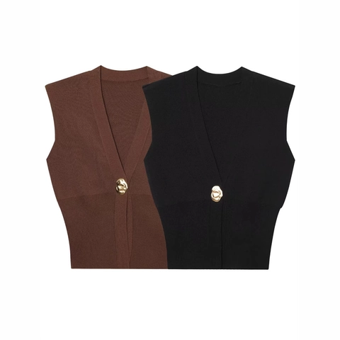 Γυναικείο Casual Slim Fit Πλεκτό Γιλέκο Με Λαιμόκοψη V Και Ακανόνιστο Χρυσό Κουμπί Αμάνικο Κοντό Πουλόβερ