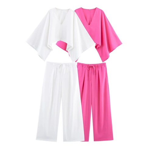 Elegante Asymmetrische V-hals Vleermuismouwen Blouse En Wijde Pijpen Broek Top And Bottom Set Voor Vrouwen Casual Zomer Effen Kleur