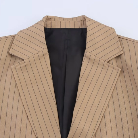 Damen Leinenmischung Gestreifter Kurzarm Blazer Und Weite Hose Set Khaki Streetwear Casual Zweiteiler Top Und Hose Outfit