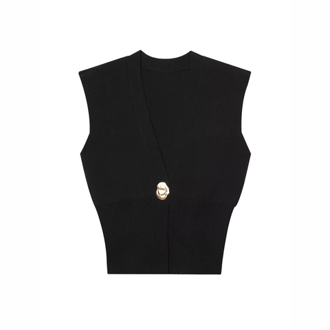 Γυναικείο Casual Slim Fit Πλεκτό Γιλέκο Με Λαιμόκοψη V Και Ακανόνιστο Χρυσό Κουμπί Αμάνικο Κοντό Πουλόβερ