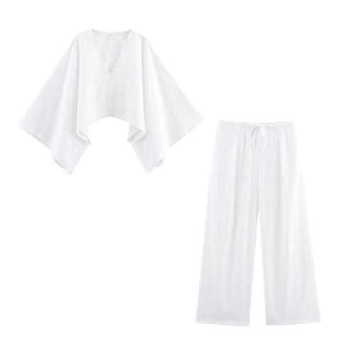 Elegante Asymmetrische V-hals Vleermuismouwen Blouse En Wijde Pijpen Broek Top And Bottom Set Voor Vrouwen Casual Zomer Effen Kleur