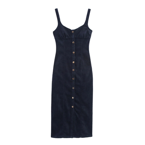 Women Sexy Denim Look Midi Dress Adjustable Shoulder Straps Button Front Slim Fit Sleeveless Solid Blue Party Outfits
