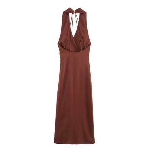 Damen Elegant Halter Neck Leinenmischung Midi Kleid Rückenfrei Tiefer V-Ausschnitt Gold Metallschnalle Schlitz Partykleid