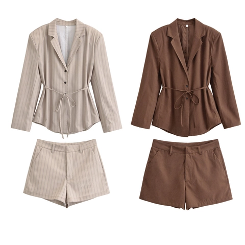 Damen Elegant Streifen Blazer Shorts Anzug Polyester Langarm Taillenband Blazer Und High Waist Shorts Büro Outfit