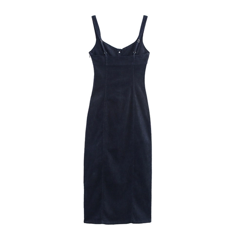 Women Sexy Denim Look Midi Dress Adjustable Shoulder Straps Button Front Slim Fit Sleeveless Solid Blue Party Outfits