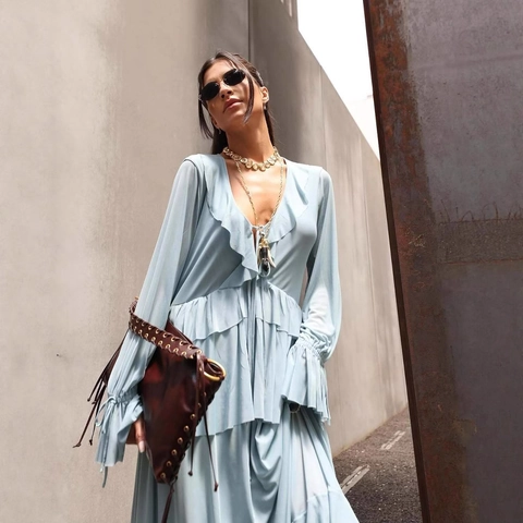 Completo Donna Elegante Due Pezzi Top a Maniche Lunghe con Scollo a V e Volant e Gonna Lunga a Strati Celeste