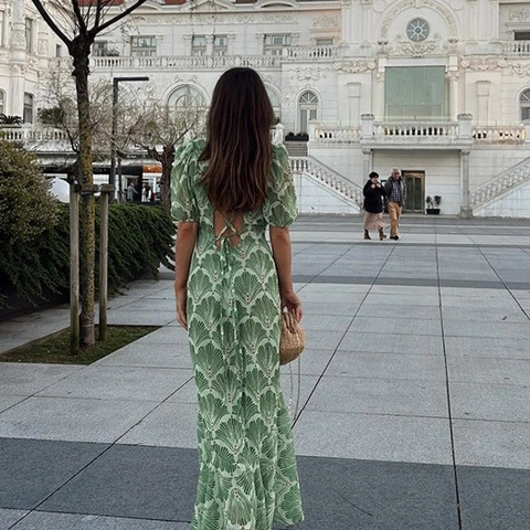 Robe Maxi Femme Vintage Verte Imprimé Éventail Élégante Manches Bouffantes Dos Nu Lacets Mousseline pour Vacances Été