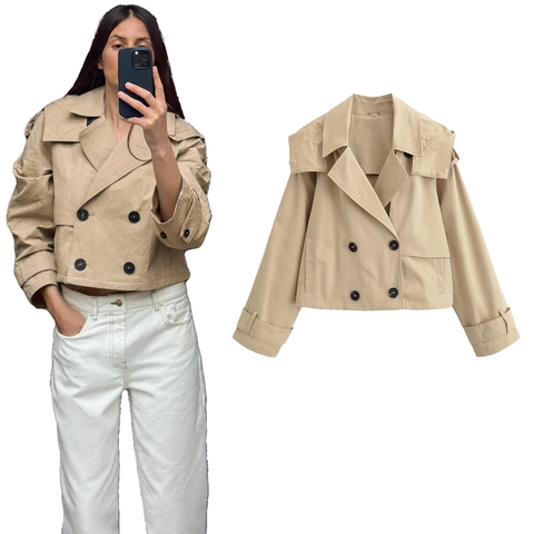 Dames Casual Khaki Korte Trenchcoat Double-breasted Revers Met Capuchon Windjack Losse Jas Bovenkleding Voor Herfst Lente
