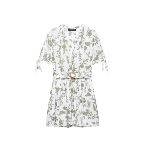 Vestido Mini de Verano para Mujer Cuello en V Estampado Floral Bordado Calado Con Cinturón Mangas con Lazos Estilo Pastoral