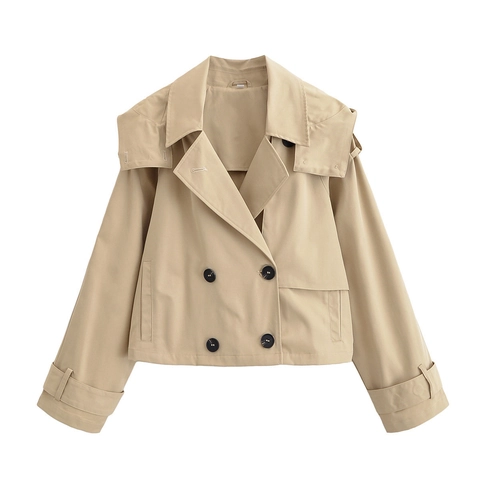 Dames Casual Khaki Korte Trenchcoat Double-breasted Revers Met Capuchon Windjack Losse Jas Bovenkleding Voor Herfst Lente