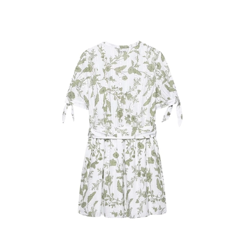 Vestido Mini de Verano para Mujer Cuello en V Estampado Floral Bordado Calado Con Cinturón Mangas con Lazos Estilo Pastoral