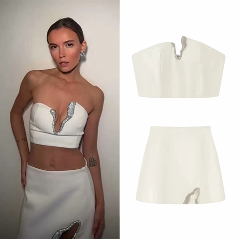 Ensemble Femme Sexy Top Bustier et Mini Jupe Décor Serpent en Strass Patchwork Fête Clubwear Tenue Jupe Top