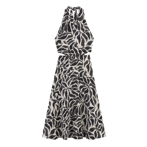 Damen Halter-Ausschnitt Rückenfreies Midi-Kleid Abstrakter Blattdruck Ausschnitt Taille A-Linie Sommerurlaub Party Kleid