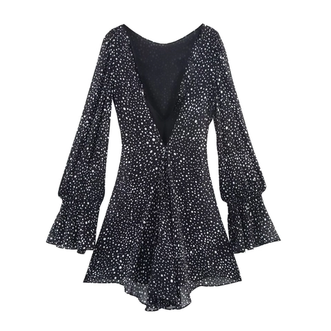 Damen V-Ausschnitt Langarm Polka Dot Mini Kleid Geraffte Taille Chiffon A-Linie Kurzes Kleid Frühling Elegante Mode