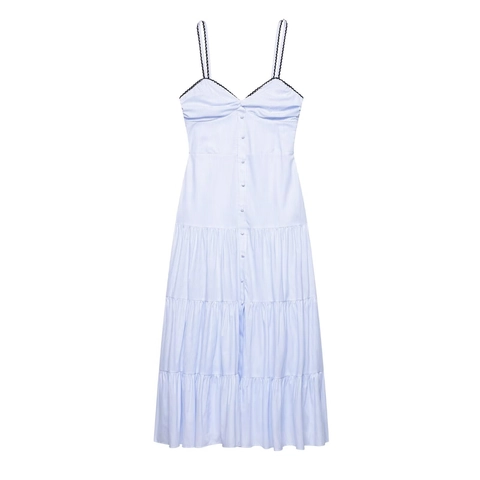 Vestido Midi de Capas a Rayas Casual para Mujer Cuello en V Tirantes Finos Botones Sin Mangas Ribete Festoneado Elegante Vestido de Playa de Verano