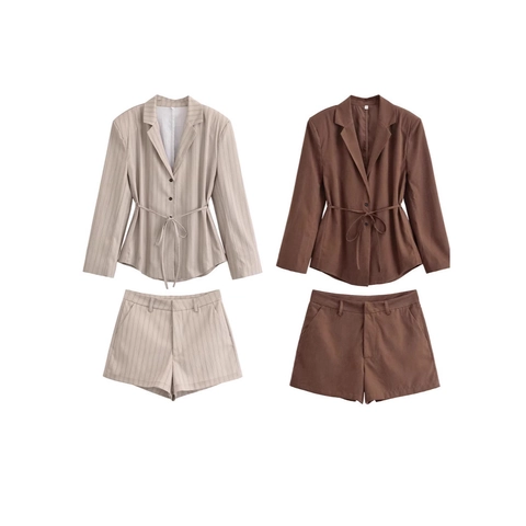 Women's Casual Blazer Shorts Set Polyester Striped Solid Drawstring Waist Lapel Long Sleeve Top High Waist Shorts Streetwear