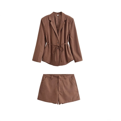 Women's Casual Blazer Shorts Set Polyester Striped Solid Drawstring Waist Lapel Long Sleeve Top High Waist Shorts Streetwear