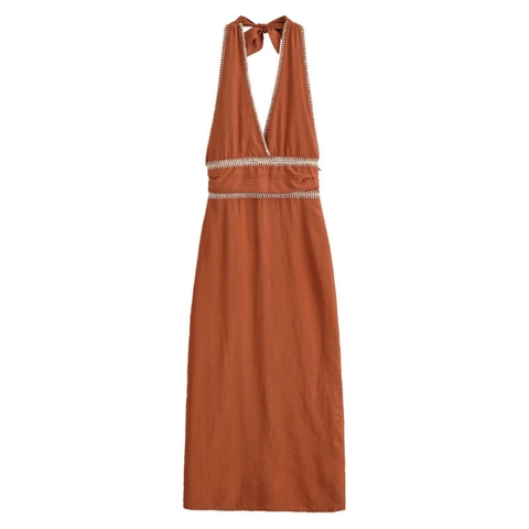 Vestido Maxi con Cuello en V y Espalda al Aire para Mujer Terracota Color Sólido Sin Mangas Línea A con Detalles de Ganchillo Vacaciones