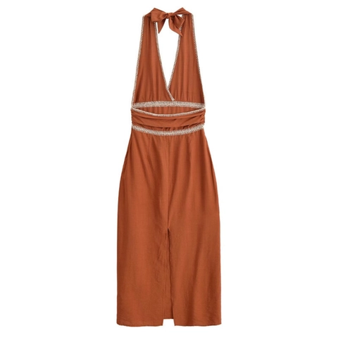 Vestido Maxi con Cuello en V y Espalda al Aire para Mujer Terracota Color Sólido Sin Mangas Línea A con Detalles de Ganchillo Vacaciones