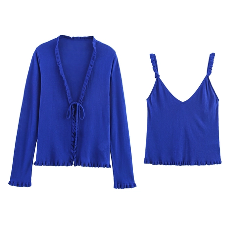 Damen Elegant Königsblau Strick Rüschen Bindedetail Cardigan Und V-Ausschnitt Camisole Einfarbig Casual Langarm Pullover Top