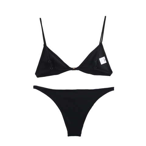 Women Triangle Bikini Set Sexy Solid Black Top And Bottom Beachwear With Gold Metal Decoration Buckle Polyester Swimsuit