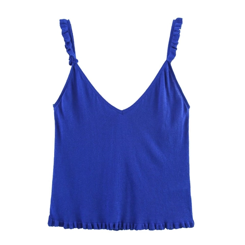Damen Elegant Königsblau Strick Rüschen Bindedetail Cardigan Und V-Ausschnitt Camisole Einfarbig Casual Langarm Pullover Top