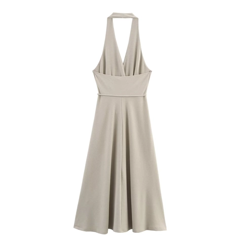 Abito Midi da Donna con Scollo all'Americana e Scollo a V Elegante Senza Maniche Senza Schienale Vita Alta con Cintura