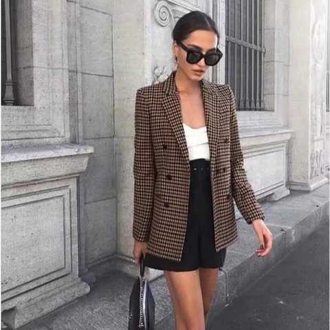 Elegante Dames Double Breasted Hahnentritt Blazer Revers Lange Mouwen Professionele Woon-werkverkeer Polyester Kostuumjas