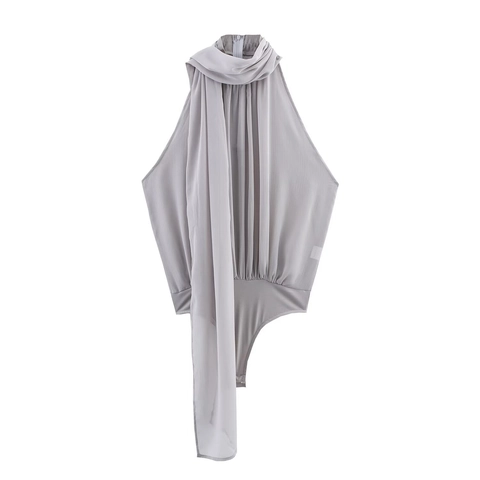 Women Elegant Halter Neck Pleated Chiffon Bodysuit Sleeveless Backless Jumpsuit With Scarf Detail Grey Body Suit Top