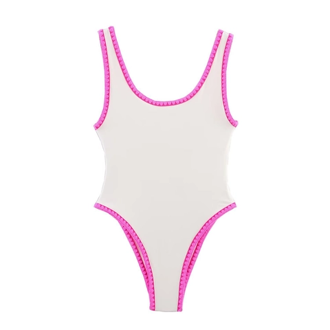 Women One-Piece Swimsuit Contrast Color Scalloped Trim High Cut Sleeveless U Neck Retro Beachwear Spliced Bathing Suit