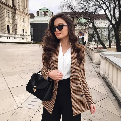 Elegante Dames Double Breasted Hahnentritt Blazer Revers Lange Mouwen Professionele Woon-werkverkeer Polyester Kostuumjas