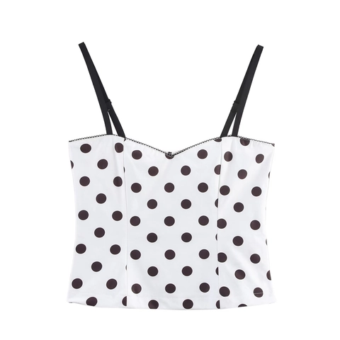 Damen Vintage Polka Dot Cami Top Spitzenbesatz V-Ausschnitt Verstellbare Spaghettiträger Slim Fit Polyester Sommer Crop Top