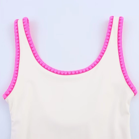 Women One-Piece Swimsuit Contrast Color Scalloped Trim High Cut Sleeveless U Neck Retro Beachwear Spliced Bathing Suit