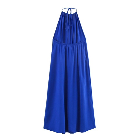 Elegante Vestido Midi Azul Real Con Cuello Halter Para Mujer Diseño Plisado Espalda Descubierta Línea A Fiesta Color Sólido Verano