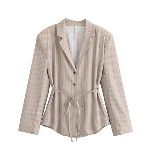 Women Elegant Striped Blazer Shorts Suit Polyester Long Sleeve Tie Waist Blazer And High Waist Shorts Work Office Outfit
